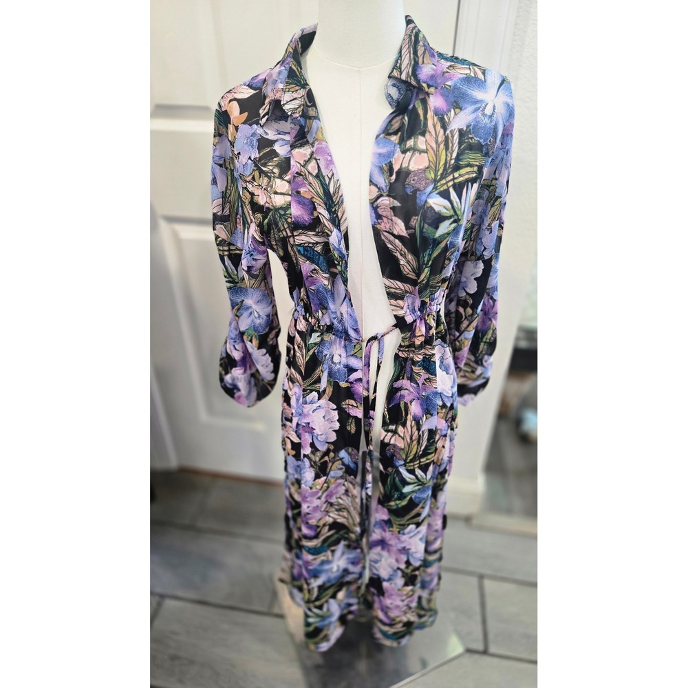 L.I.F.E. Love Is For Eternity Floral Duster Cardigan Swim Coverup Purple Black